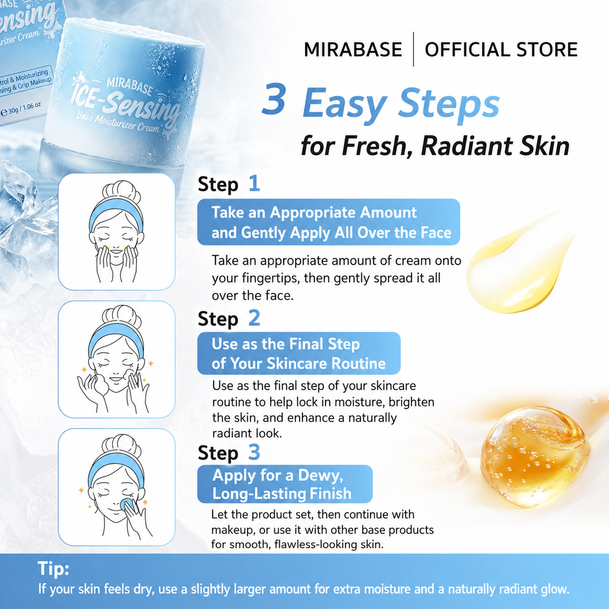 MIRABASE ICE-Sensing Makeup Base Moisturizer Cream | ไพรเมอร์ครีมเย็นก่อนแต่งหน้า 30 กรัม